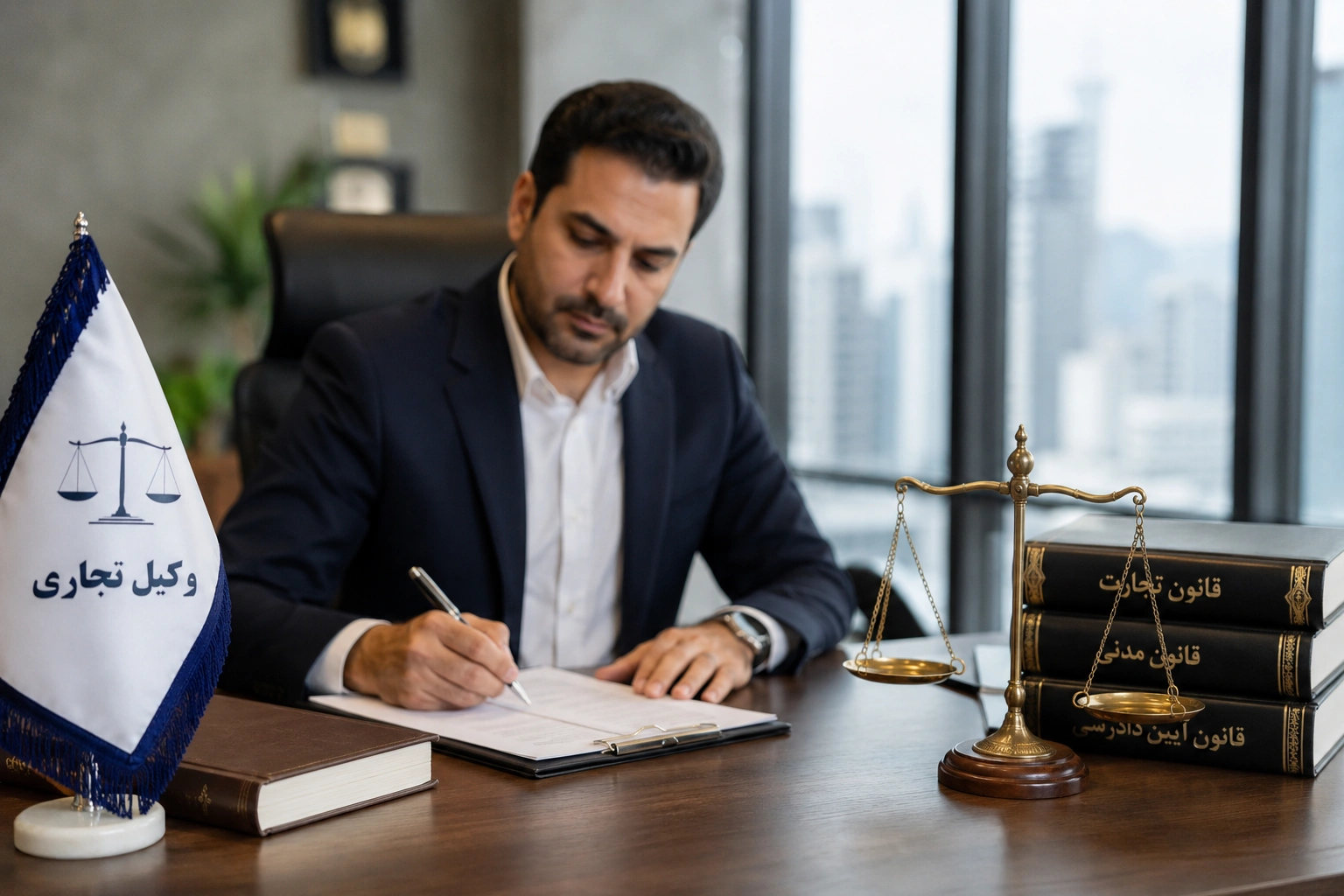 وکیل تجاری در دفتر حقوقی در حال بررسی اسناد قرارداد