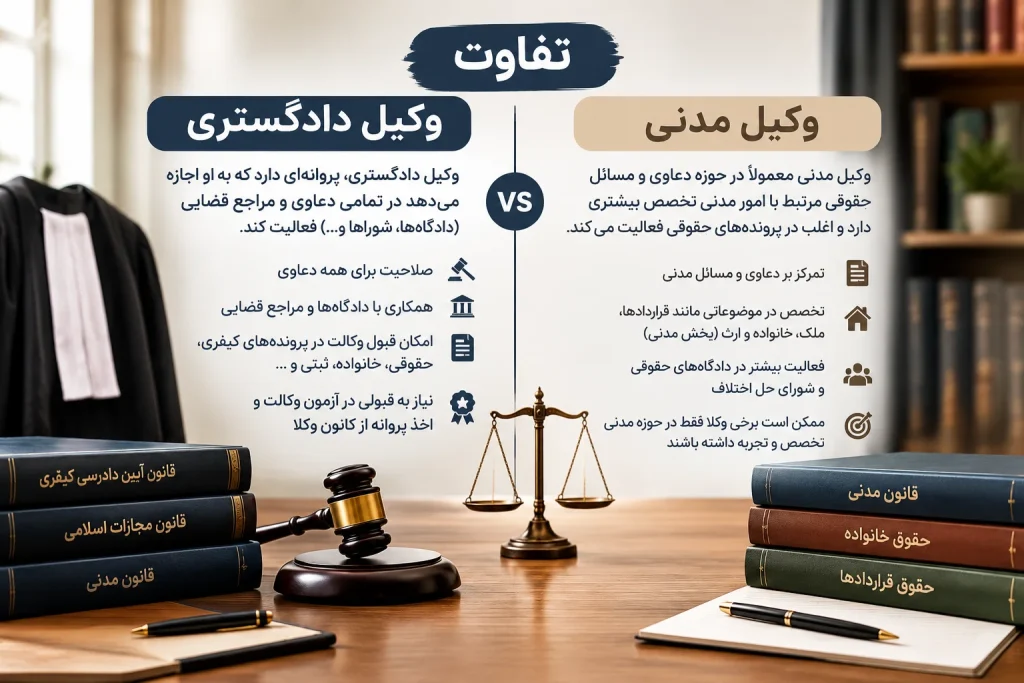 تفاوت وکیل دادگستری و وکیل مدنی